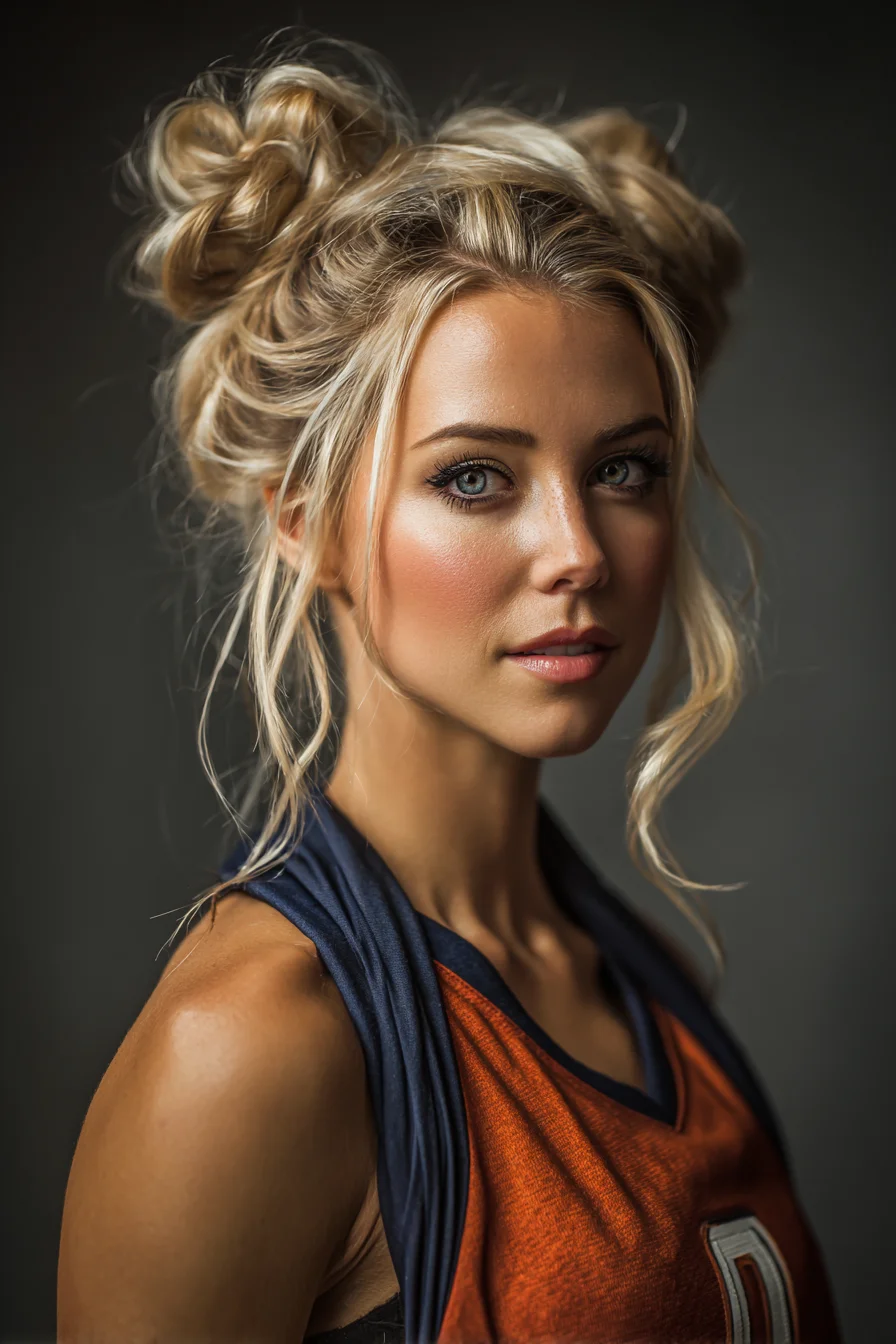 Textured Double Buns with Face‑Framing Tendrils — Messy Updo for Medium to Long Hair