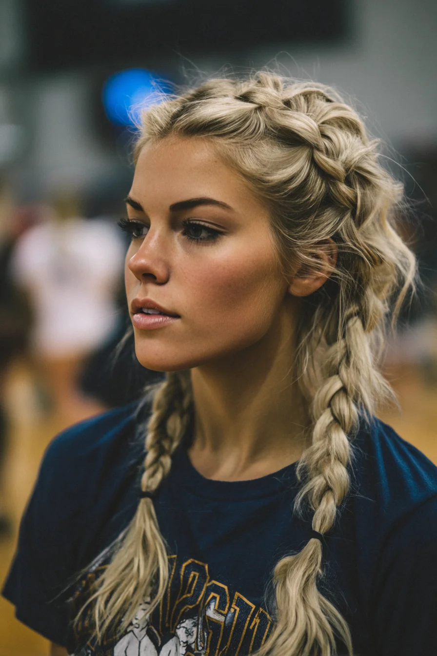 Textured Double Dutch Braids into Loose Plaits — Tousled Sporty Braided Hairstyle