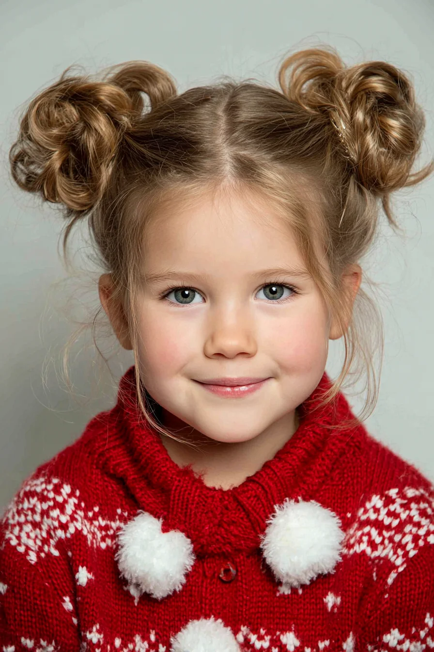 Textured Double Space Buns with Face‑Framing Strands — Kid‑Friendly Style