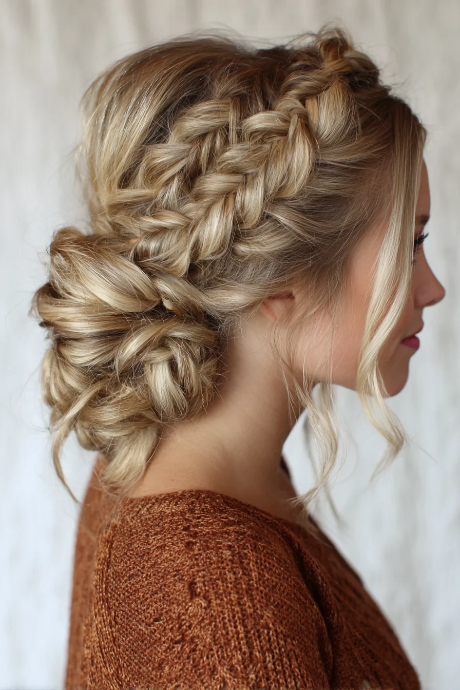 Textured Dutch Braid Crown into Messy Low Bun — Braided Updo for Medium to Long Hair