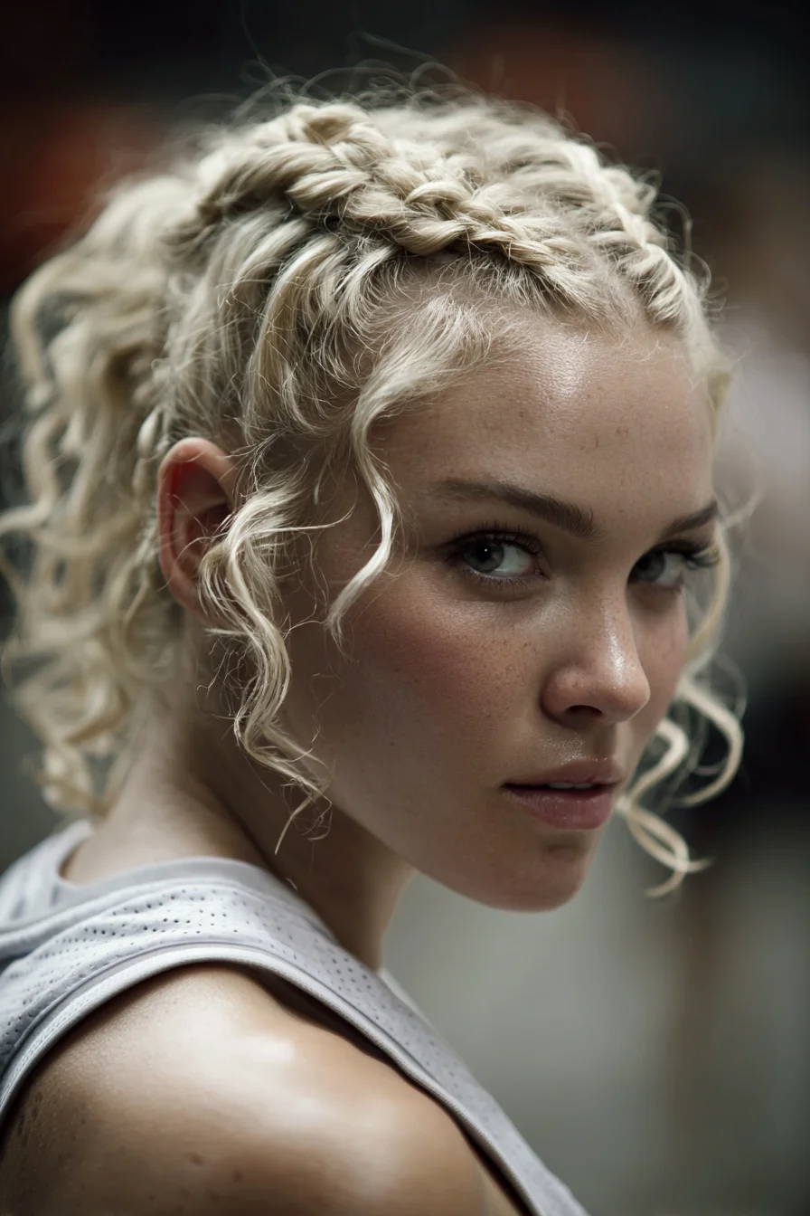 Textured Dutch Crown Braid into Curly High Pony with Face‑Framing Tendrils