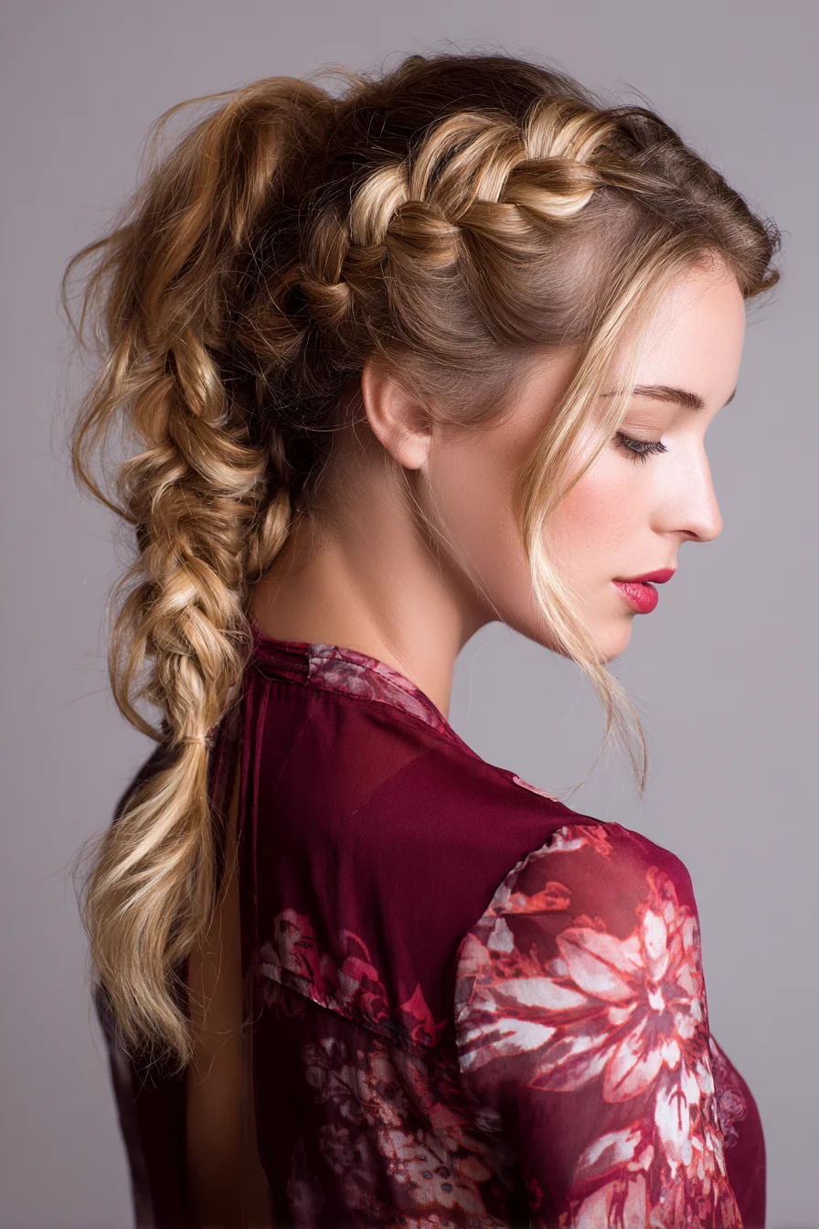 Textured Dutch Crown Braid into Loose Low Braid with Face‑Framing Tendrils