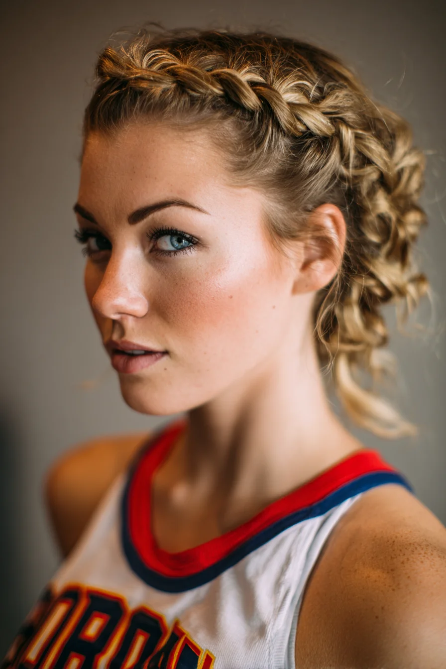 Textured Dutch Crown Braids into Curly Messy Bun