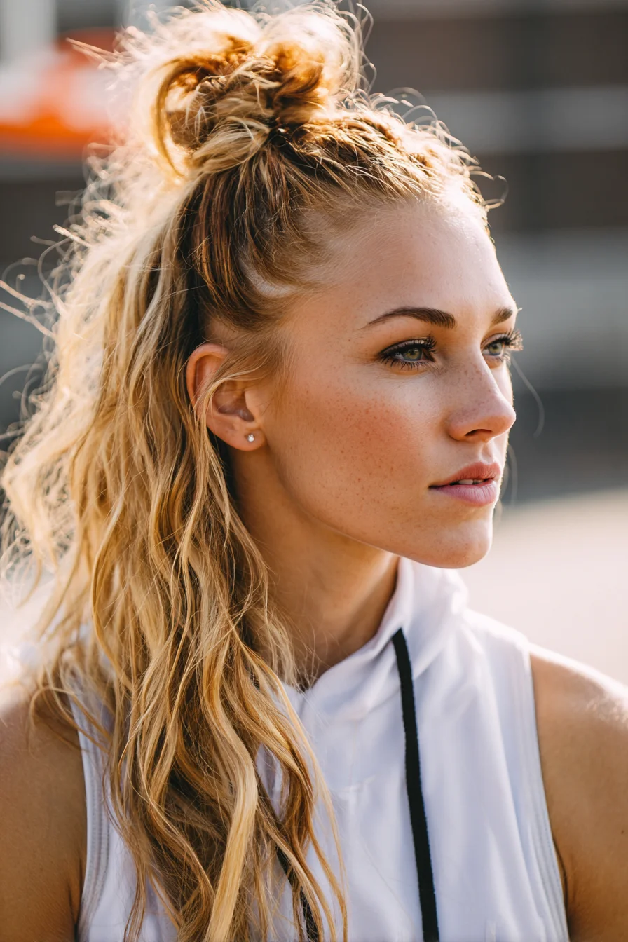 Textured Half-Up Messy Bun with Beachy Waves