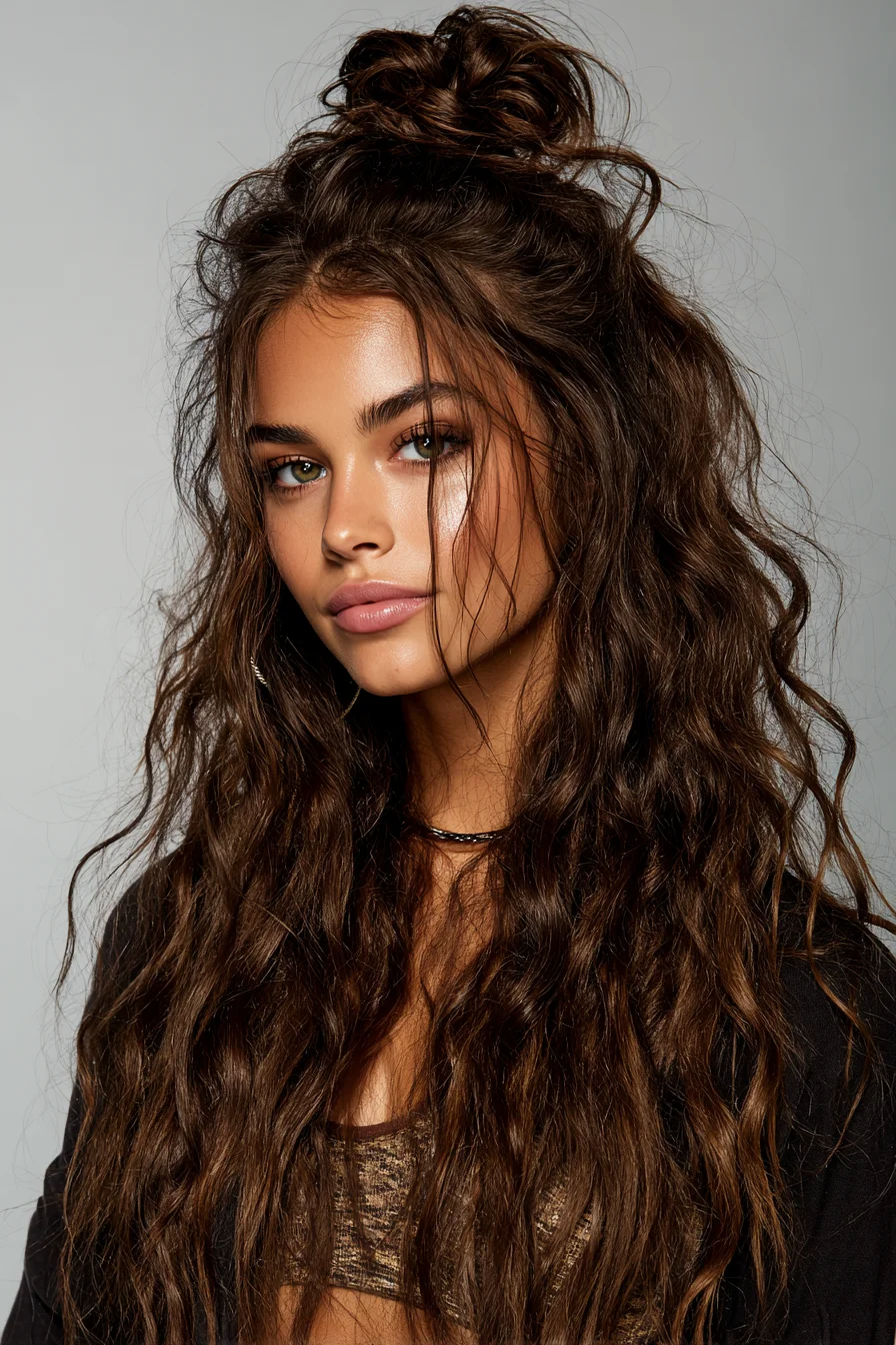 Textured Half-Up Messy Top Knot with Beach Waves