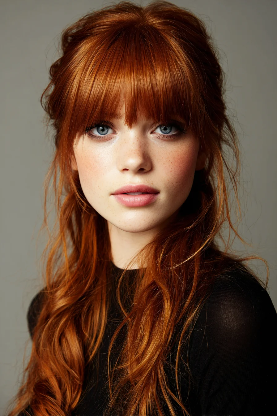 Textured Half-Up with Blunt Fringe for Long Wavy Hair