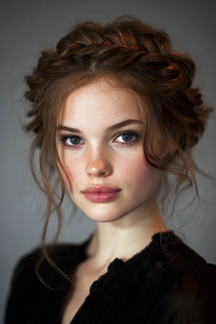 Textured Halo Braid Updo with Face-Framing Tendrils