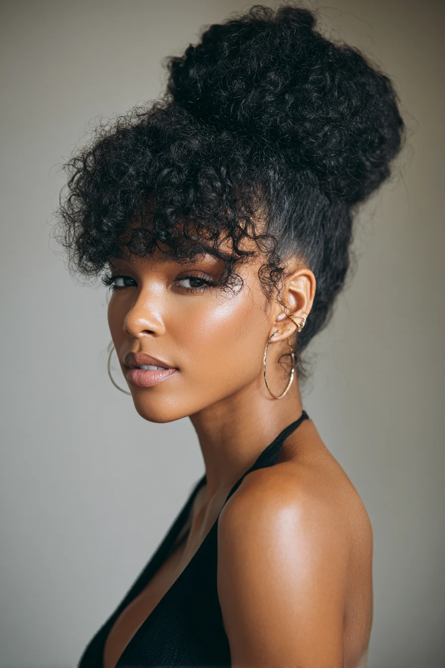 Textured High Bun with Curly Fringe — Natural Curl Updo