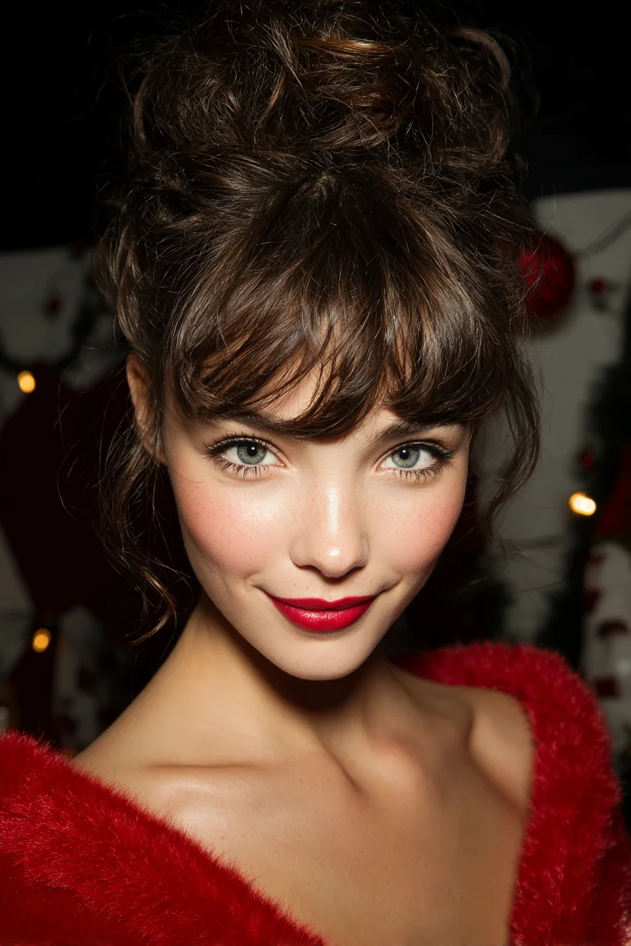 Textured High Messy Bun with Soft Fringe — Voluminous Romantic Updo