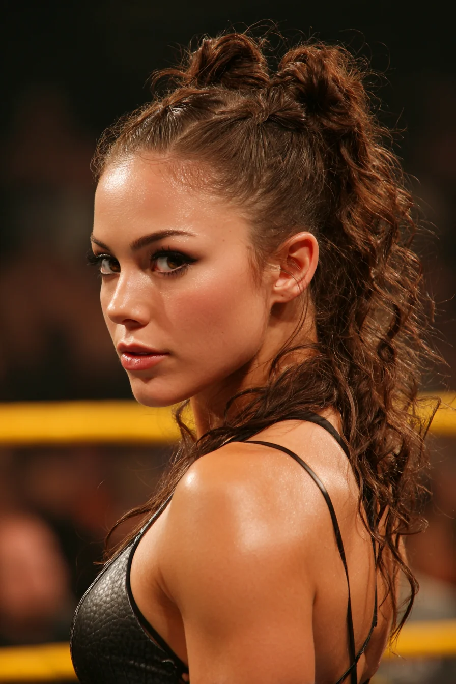 Textured High Ponytail with Double Top Knots and Slicked Sides