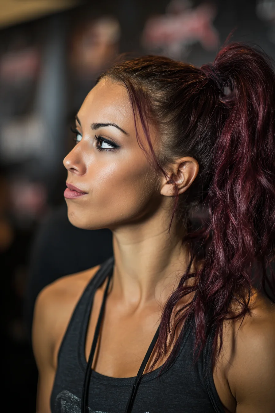 Textured High Ponytail with Face‑Framing Tendrils (Burgundy)