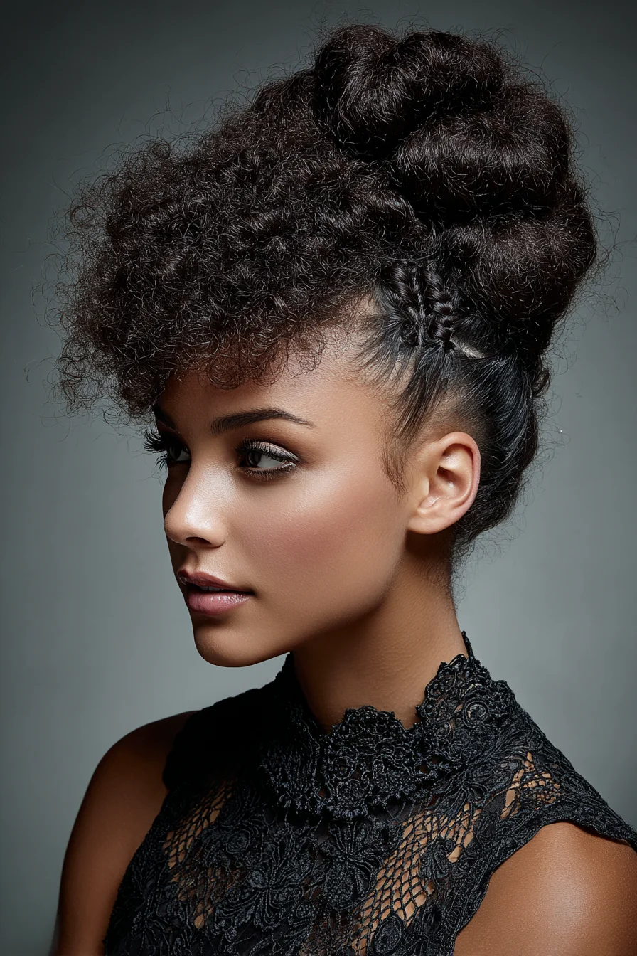 Textured High Updo with Side Cornrows and Voluminous Puff