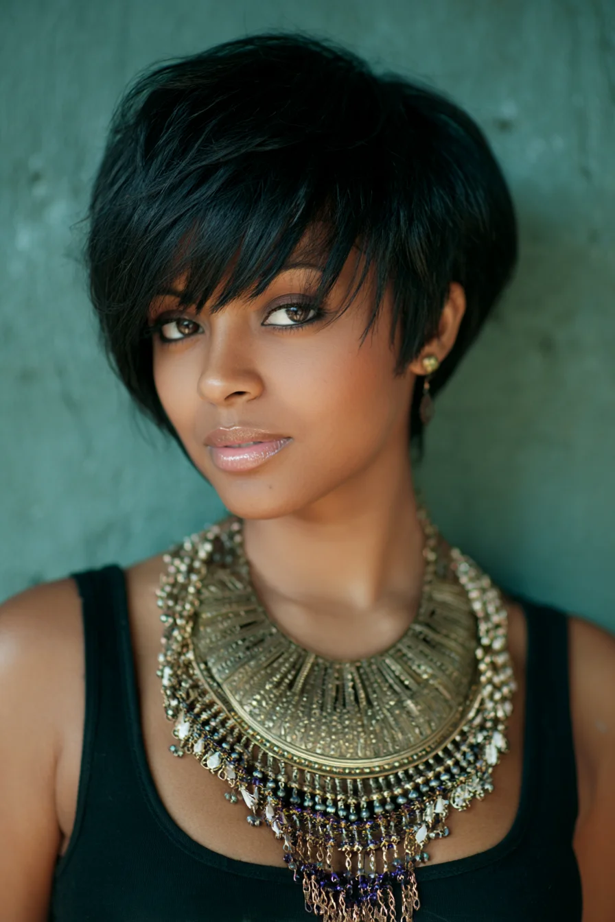 Textured Layered Pixie Bob with Long Side-Swept Fringe