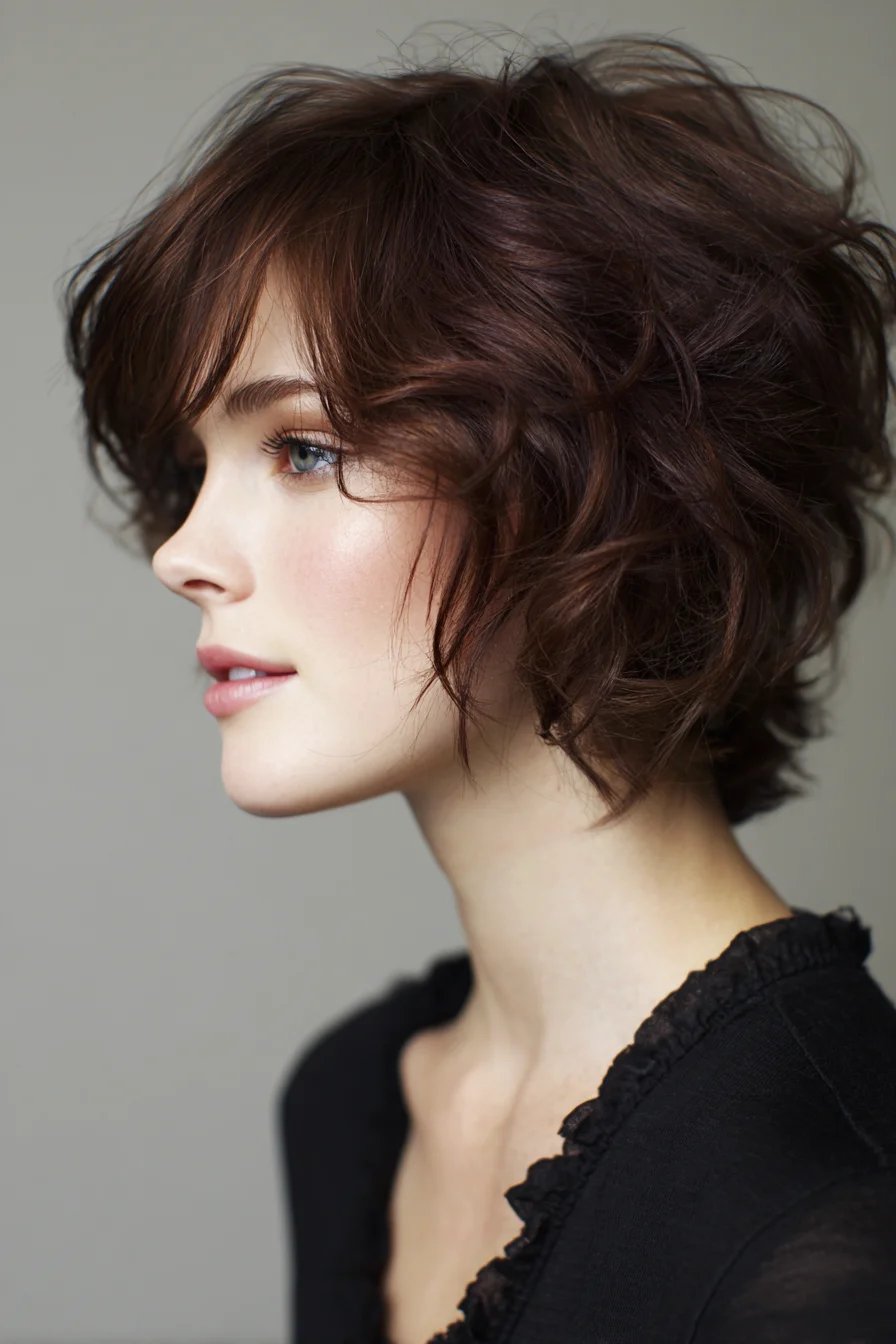 Textured Layered Short Bob with Soft Fringe — Tousled Wavy Pixie-Bob