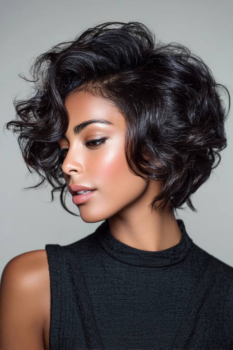 Textured Layered Short Bob with Voluminous Side-Swept Waves