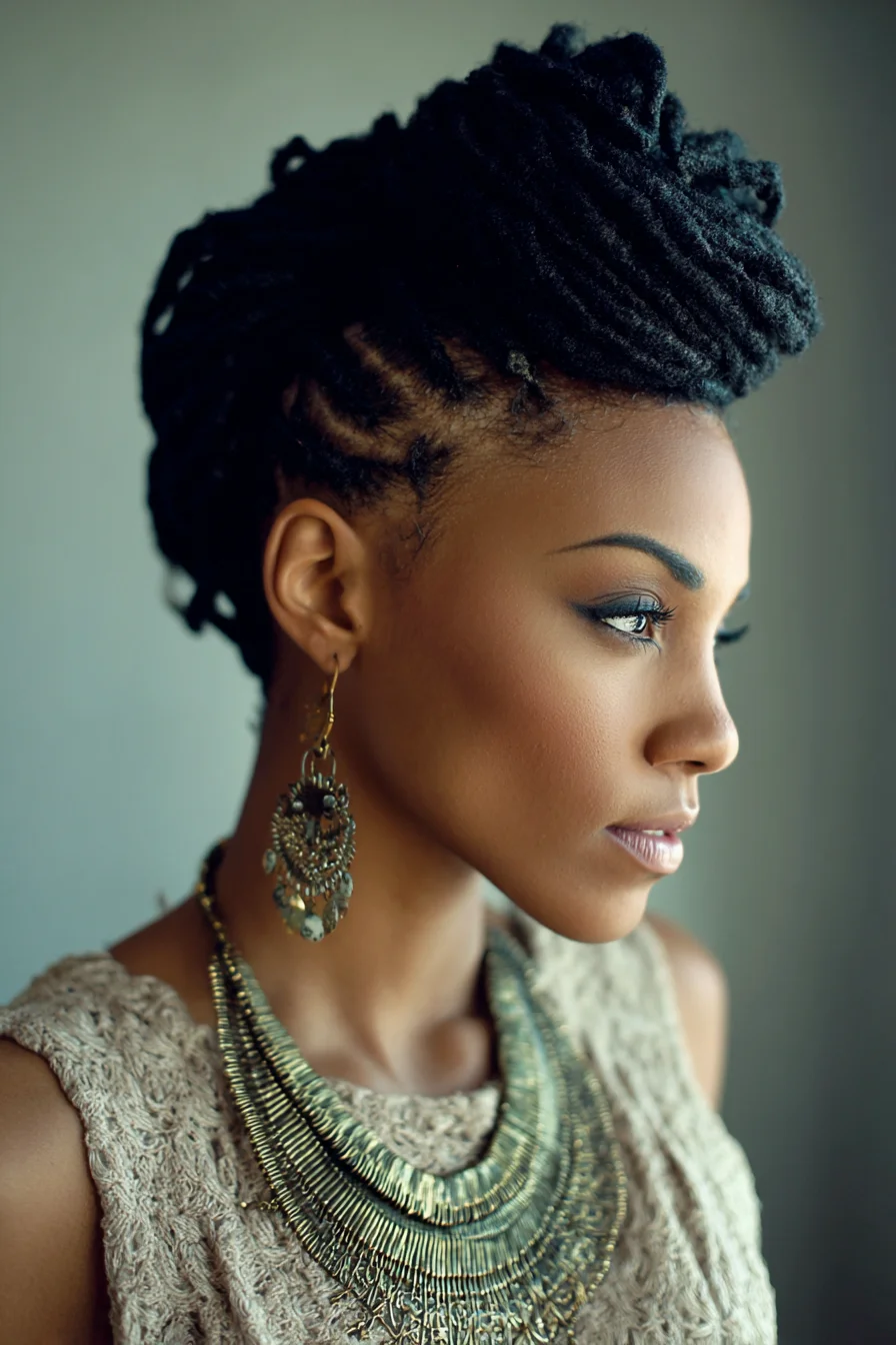 Textured Locs Updo with Cornrowed Sides — Elegant Rolled Top Style