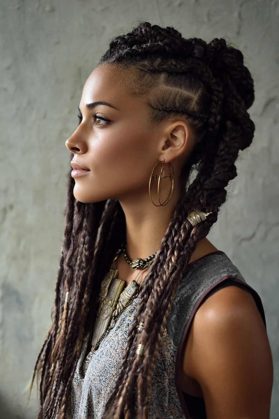 Textured Long Box Braids with Side Cornrows & Half-Up Bun