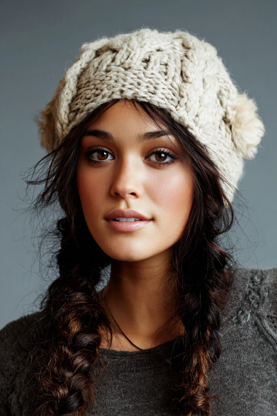Textured Loose Double Braids with Beanie and Soft Face‑Framing Wisps