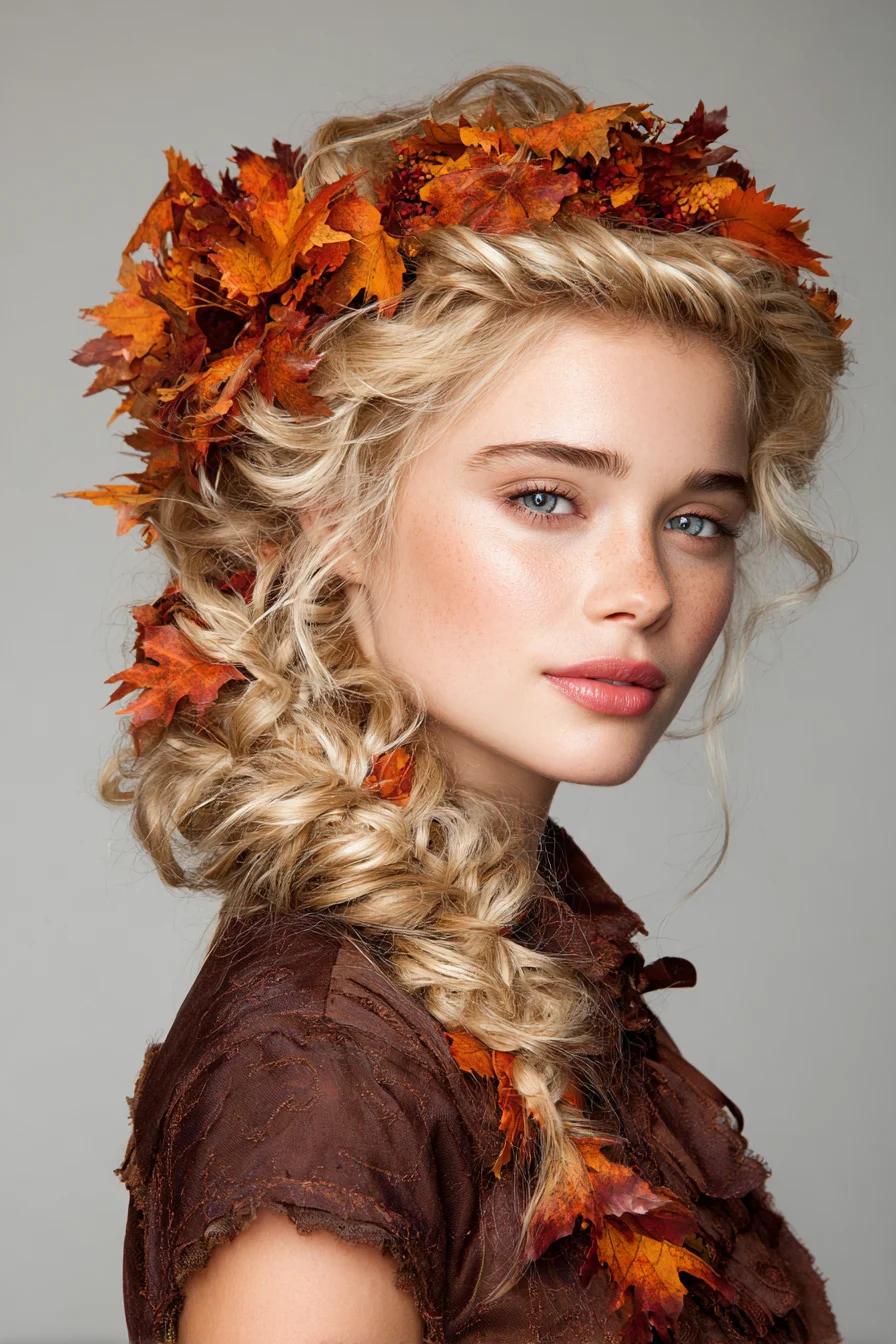 Textured Loose Side Braid with Autumn Leaf Crown