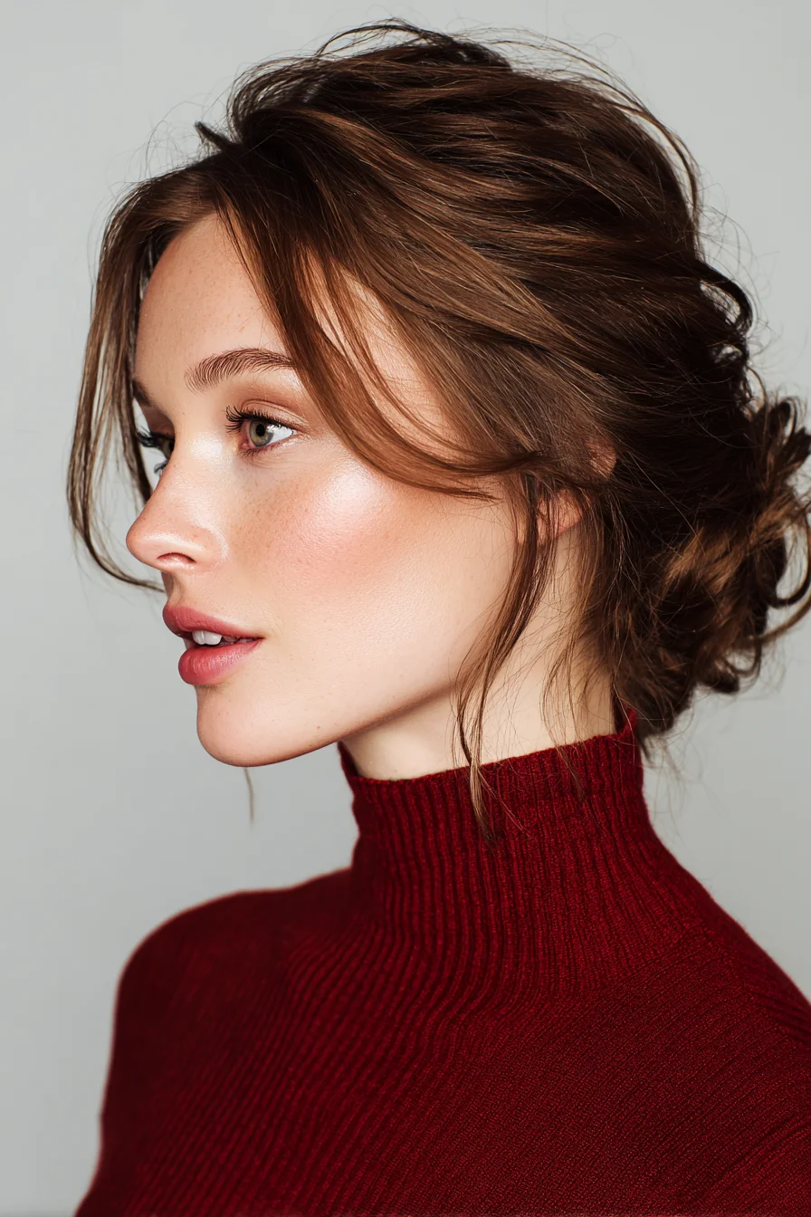 Textured Low Bun with Face‑Framing Tendrils — Loose Messy Updo for Medium to Long Hair