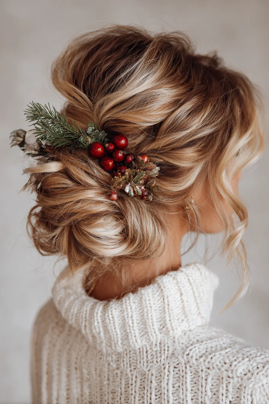 Textured Low Chignon with Loose Tendrils and Festive Hairpiece