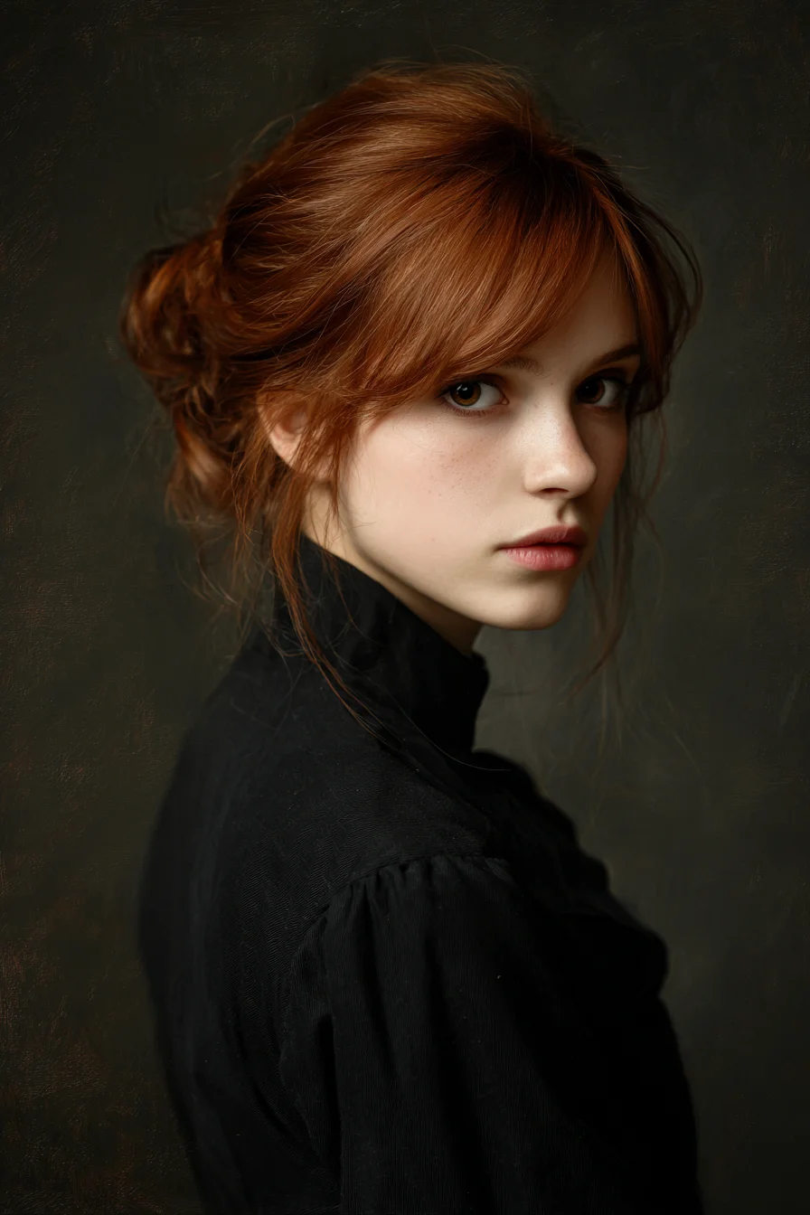 Textured Low Messy Bun with Face‑Framing Fringe (Soft Fringe Updo)