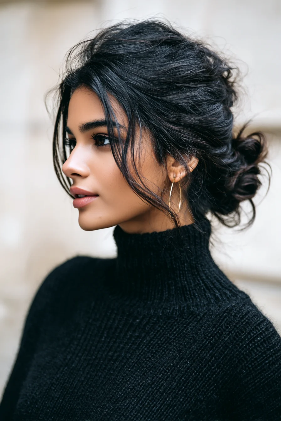 Textured Low Messy Bun with Face‑Framing Tendrils