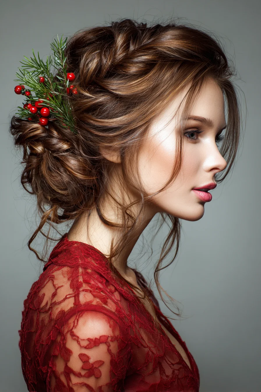 Textured Low Romantic Updo with Loose Tendrils and Festive Greenery