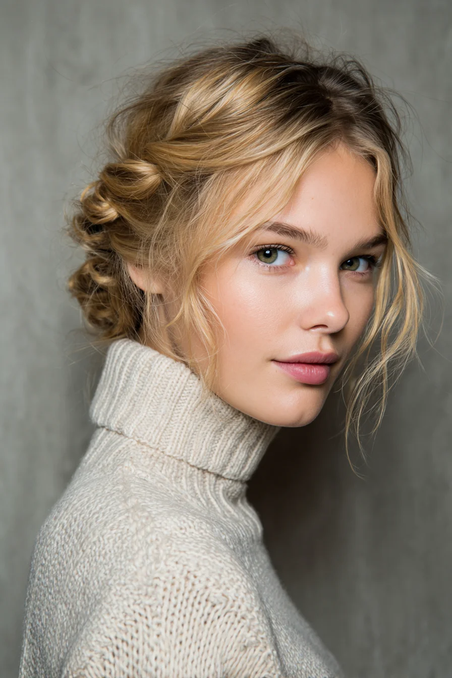Textured Low Twisted Updo with Face‑Framing Tendrils
