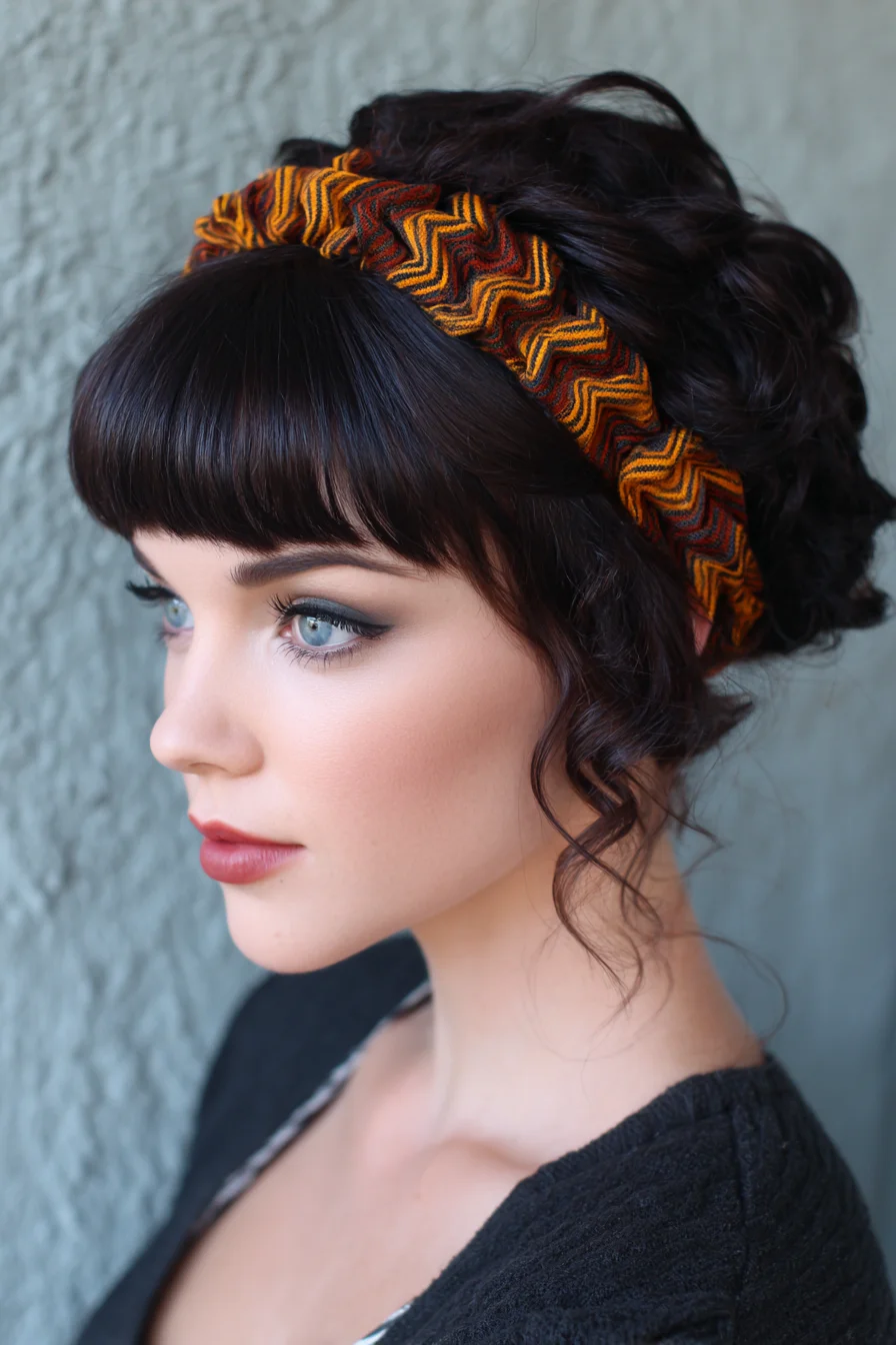 Textured Low Updo with Boho Fabric Headband and Blunt Fringe