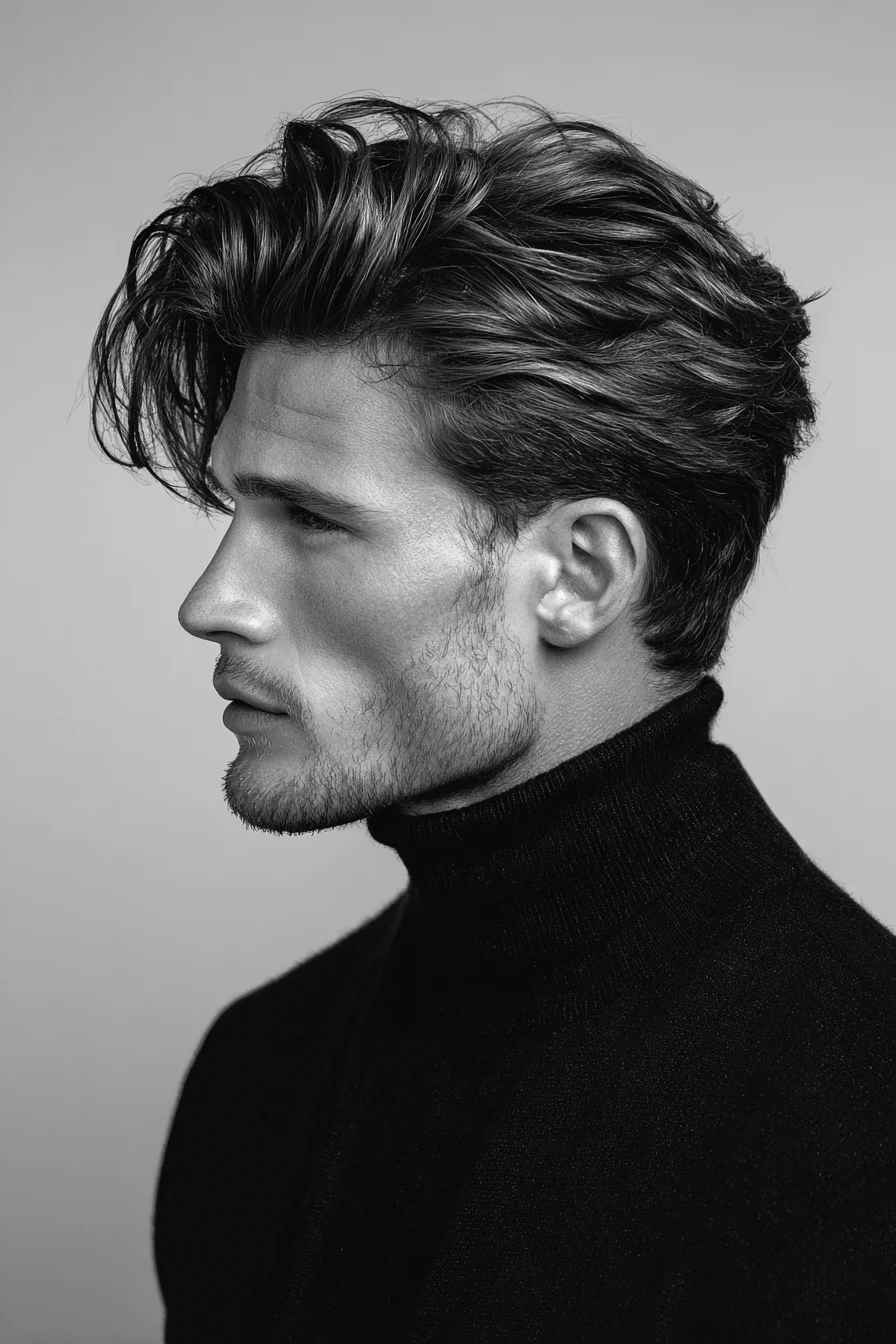 Textured Medium-Length Swept-Back Hairstyle with Tapered Sides