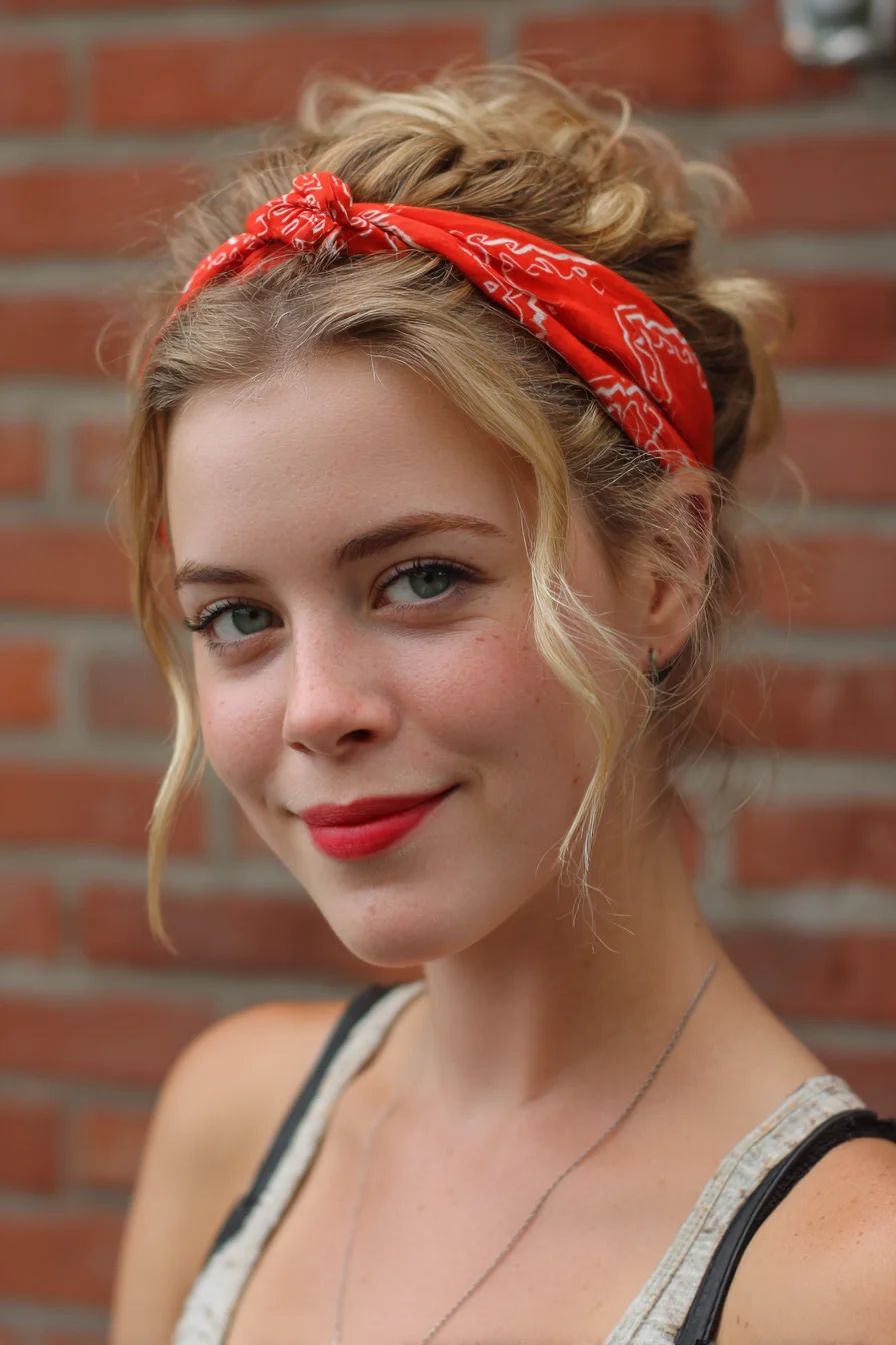 Textured Messy Bun with Bandana — Casual Updo for Wavy or Straight Hair