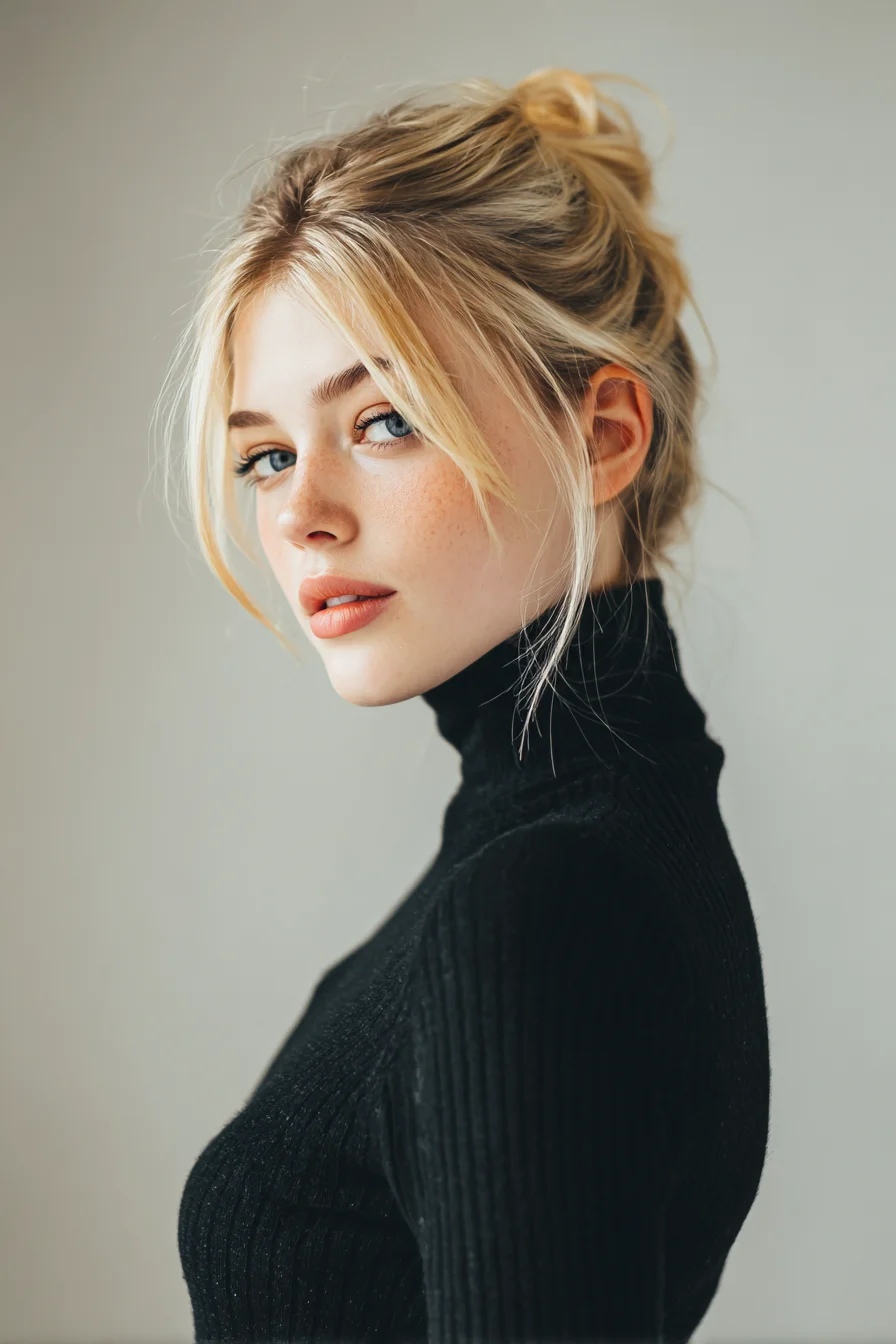 Textured Messy Bun with Curtain Bangs — Tousled Updo for Fine to Medium Hair