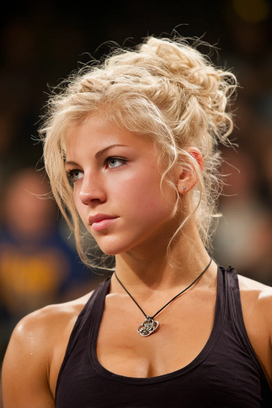 Textured Messy Curly High Bun with Face‑Framing Tendrils