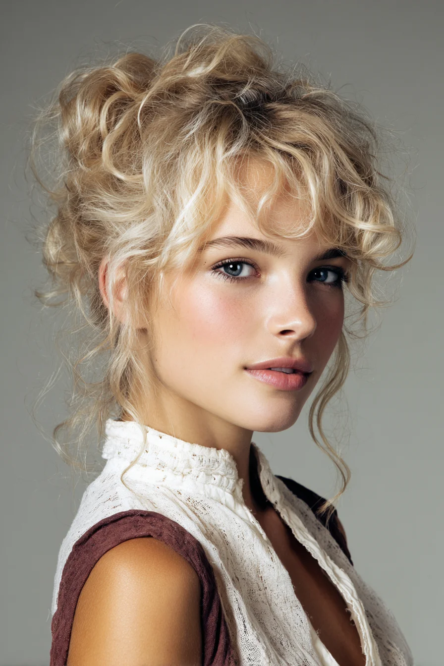 Textured Messy Curly Updo with Curtain Bangs