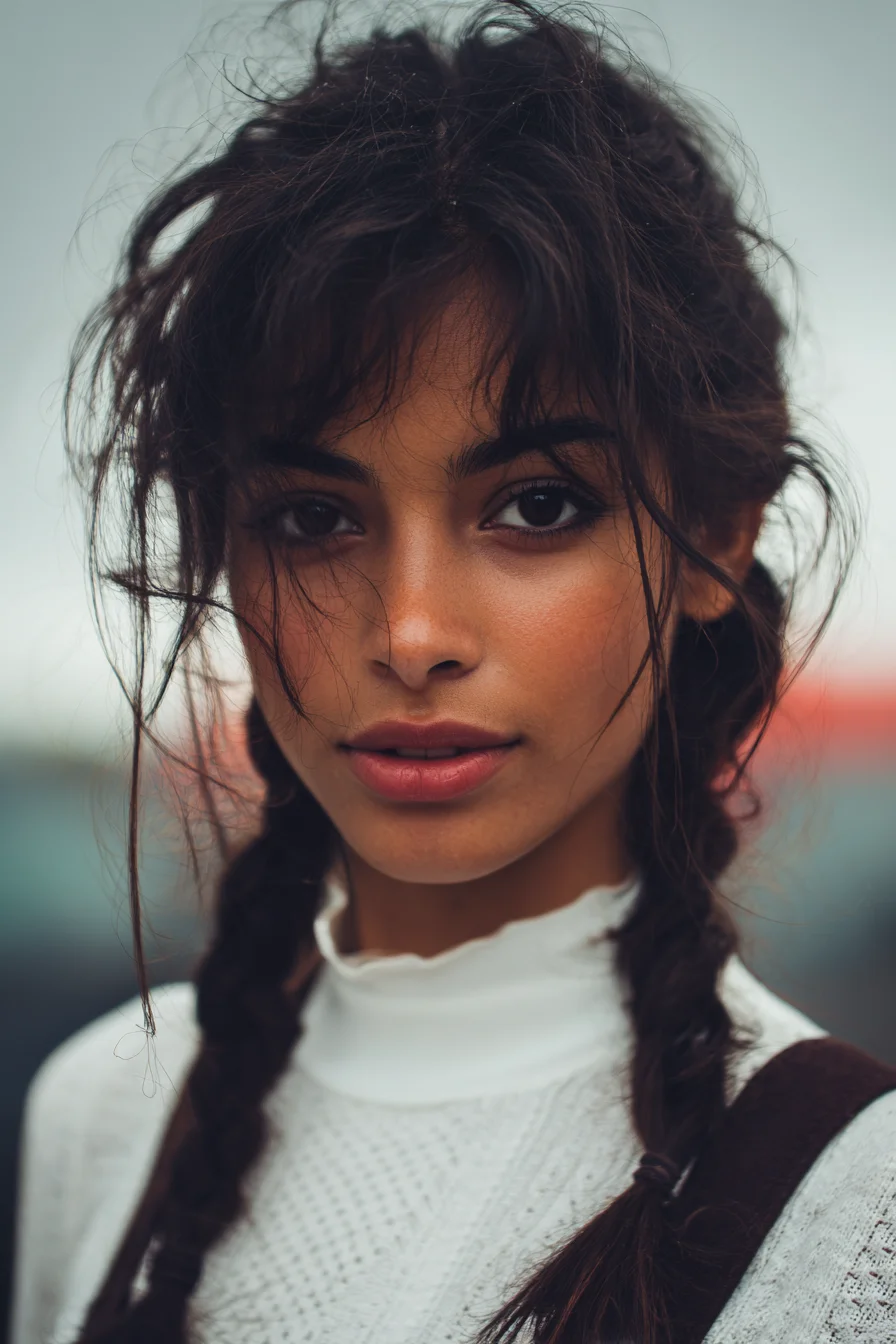 Textured Messy Double Braids with Face-Framing Wisps