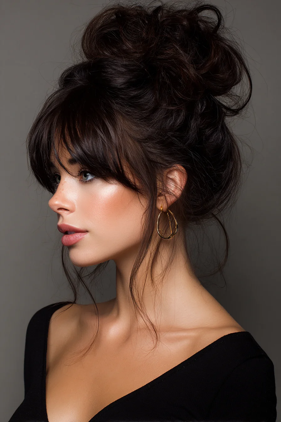 Textured Messy High Bun with Curtain Bangs and Face‑Framing Tendrils