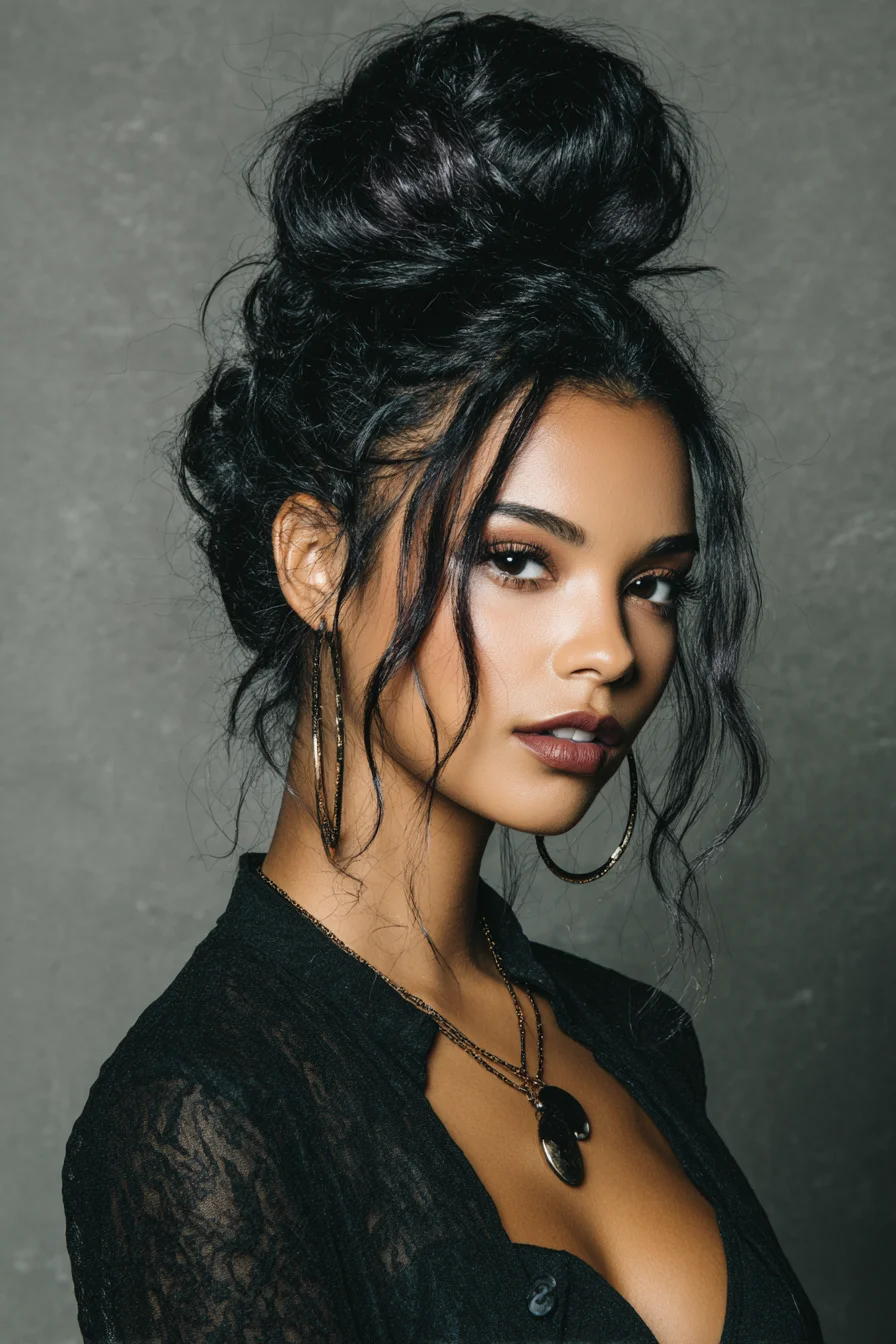Textured Messy High Bun with Face‑Framing Tendrils