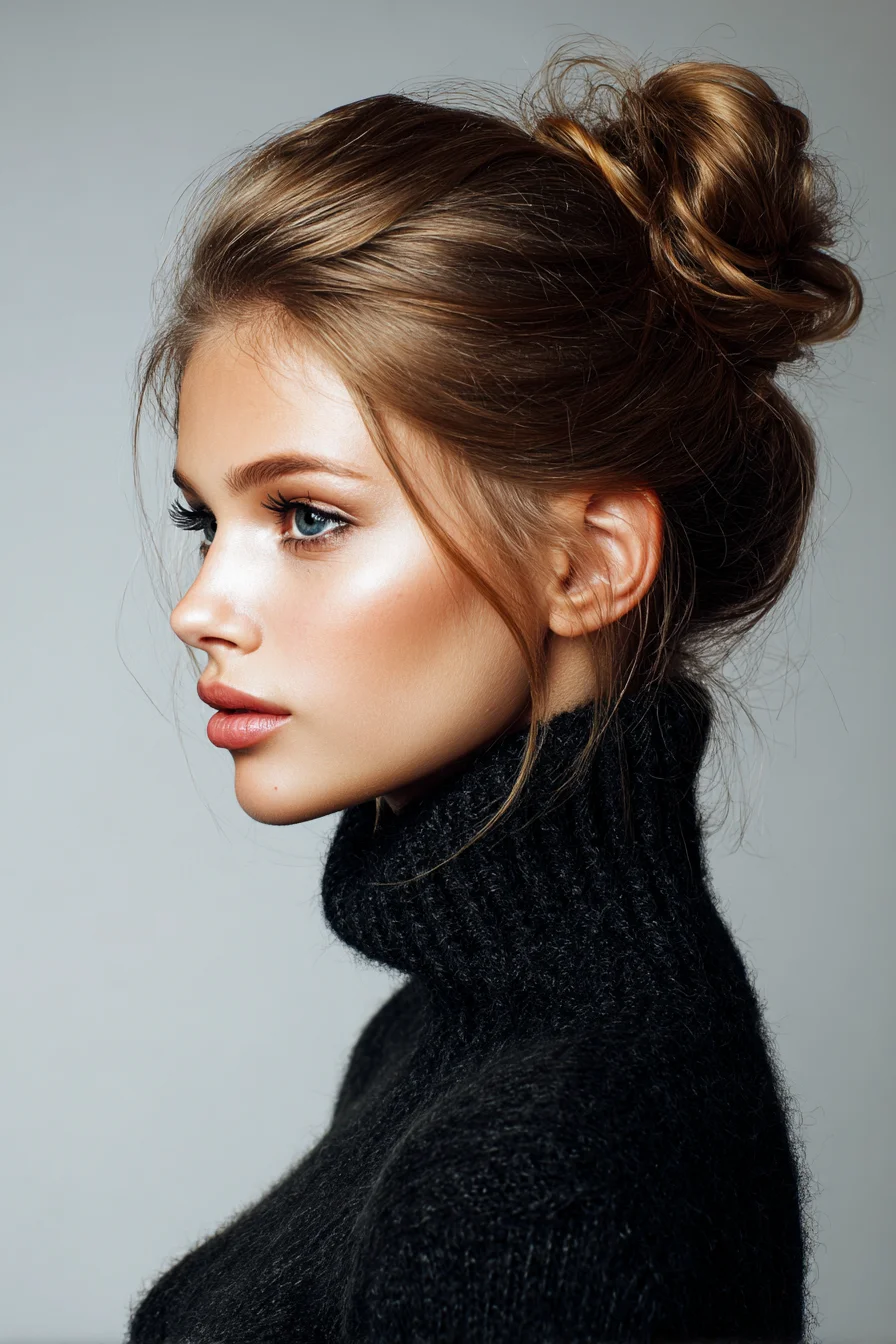 Textured Messy High Bun with Face‑Framing Tendrils