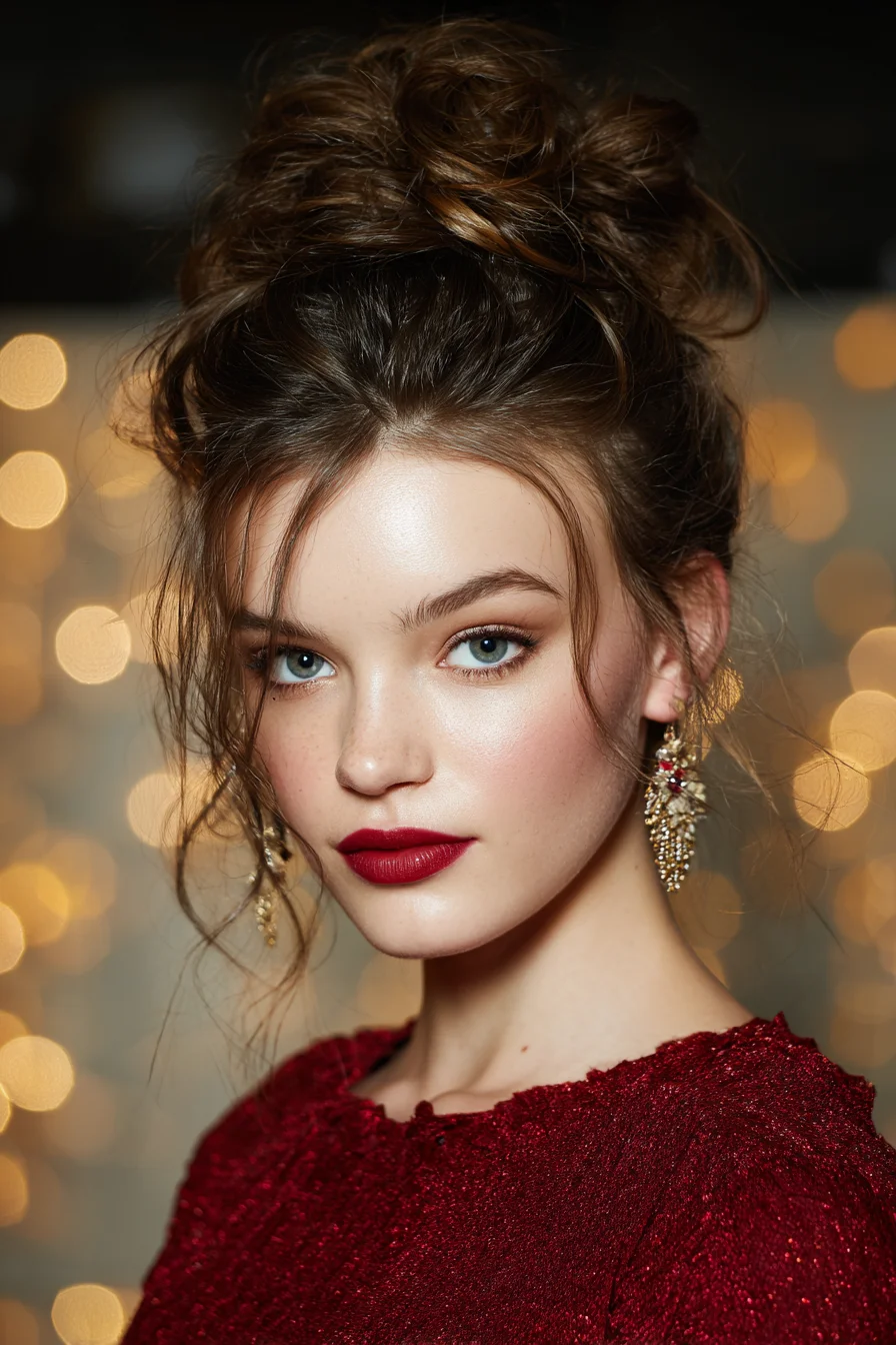 Textured Messy High Bun with Face‑Framing Tendrils — Romantic Updo