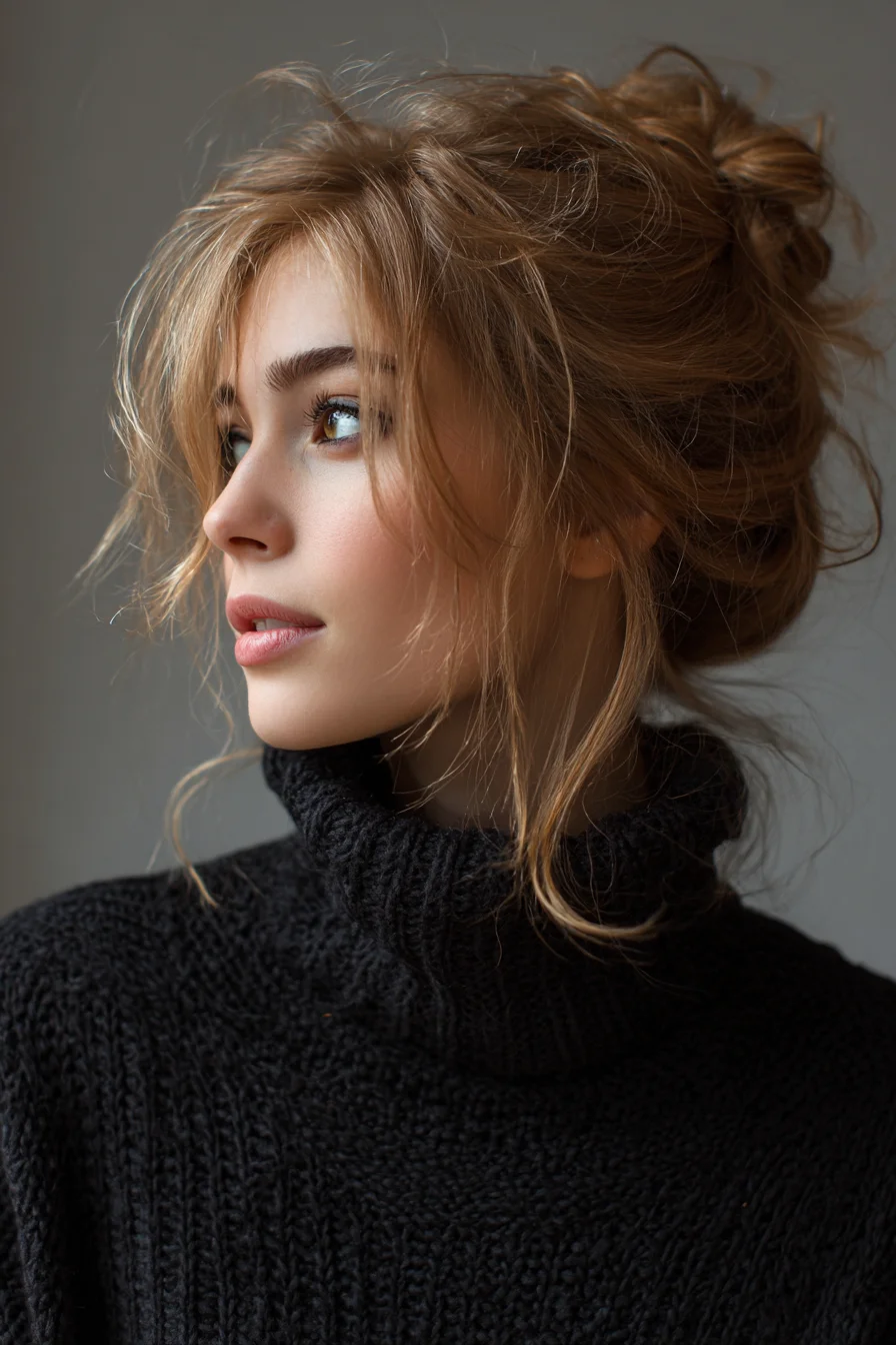 Textured Messy Low Bun with Face‑Framing Wisps