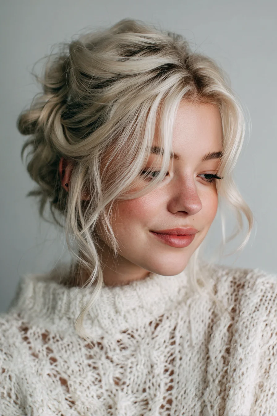 Textured Messy Low Updo with Face‑Framing Curtain Bangs