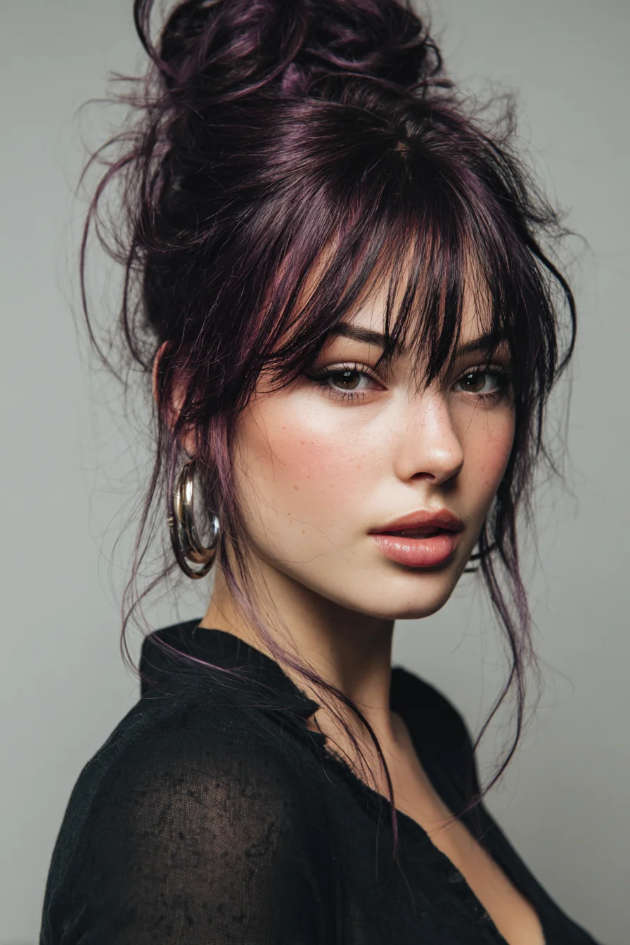Textured Messy Topknot with Wispy Curtain Bangs — Purple Balayage