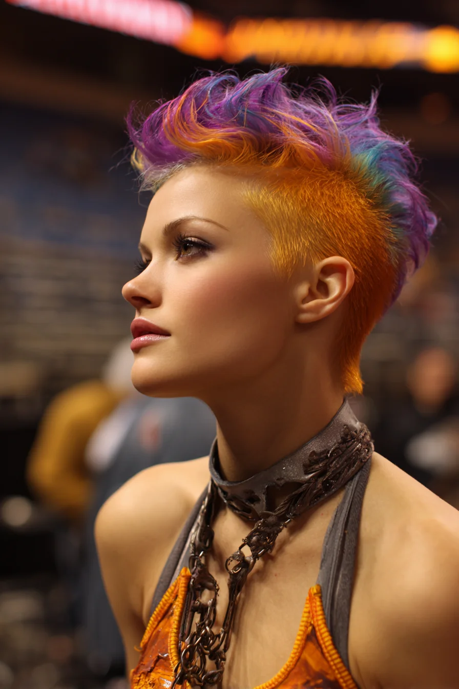 Textured Pixie-Mohawk with Vibrant Orange Base and Rainbow Tips