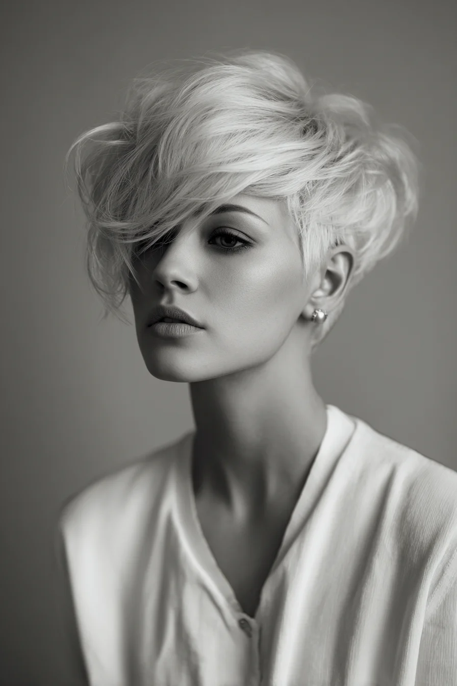 Textured Pixie with Long Side-Swept Fringe — Short Layered Blonde Style