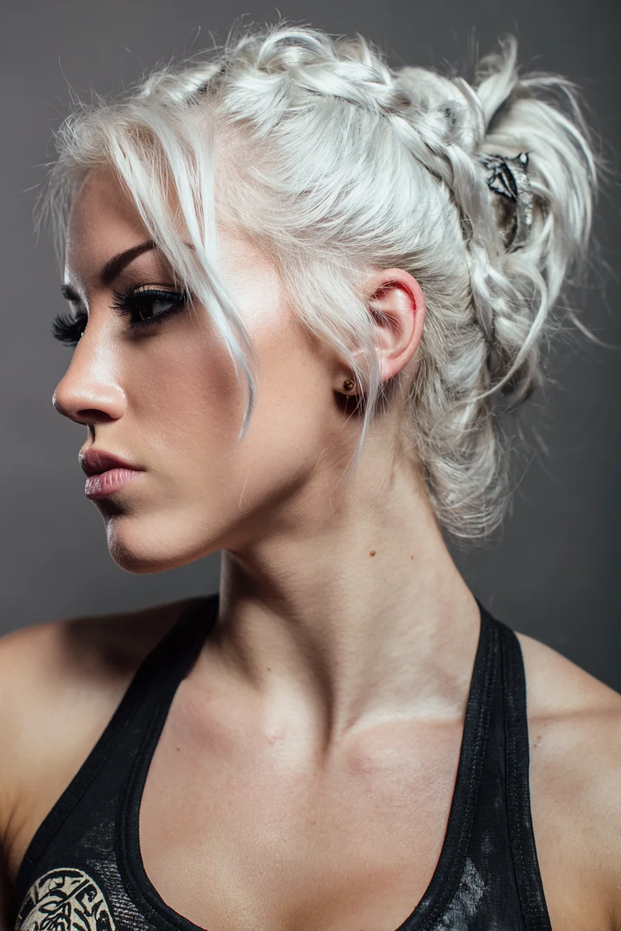 Textured Platinum Braided Messy Updo with Face‑Framing Pieces