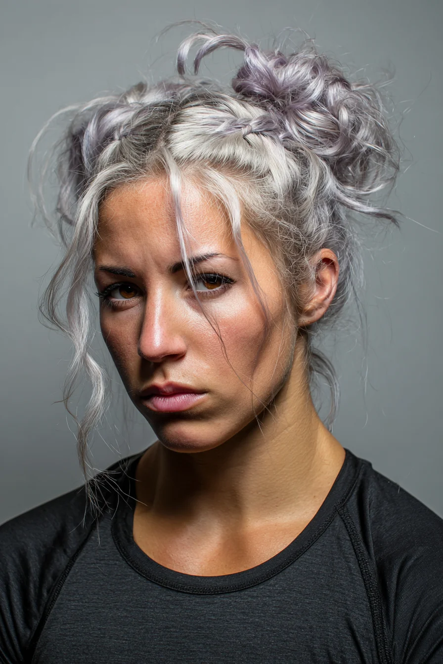 Textured Platinum Double Braided Buns with Face‑Framing Tendrils