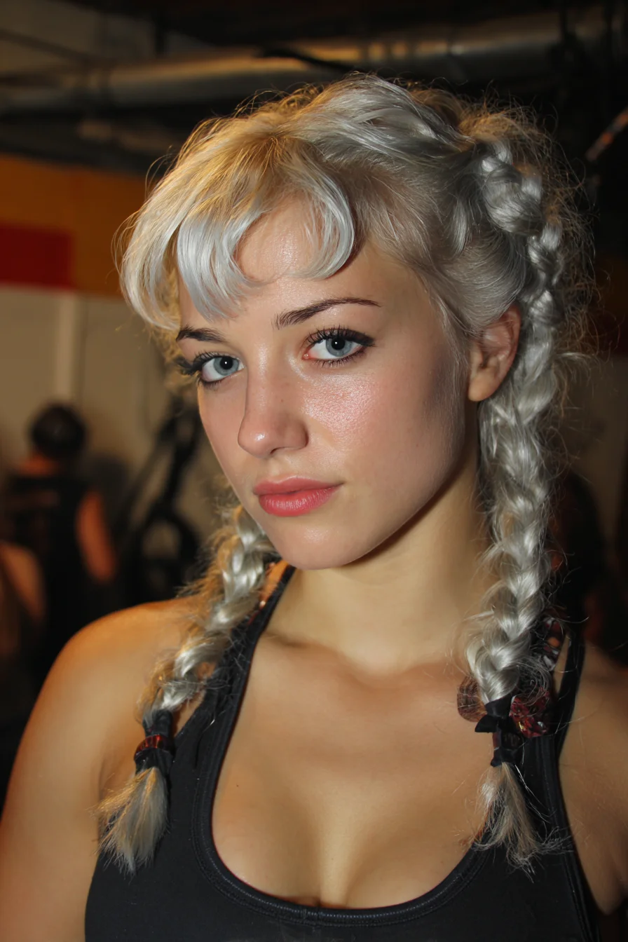 Textured Platinum Double Dutch Braids with Soft Curved Fringe