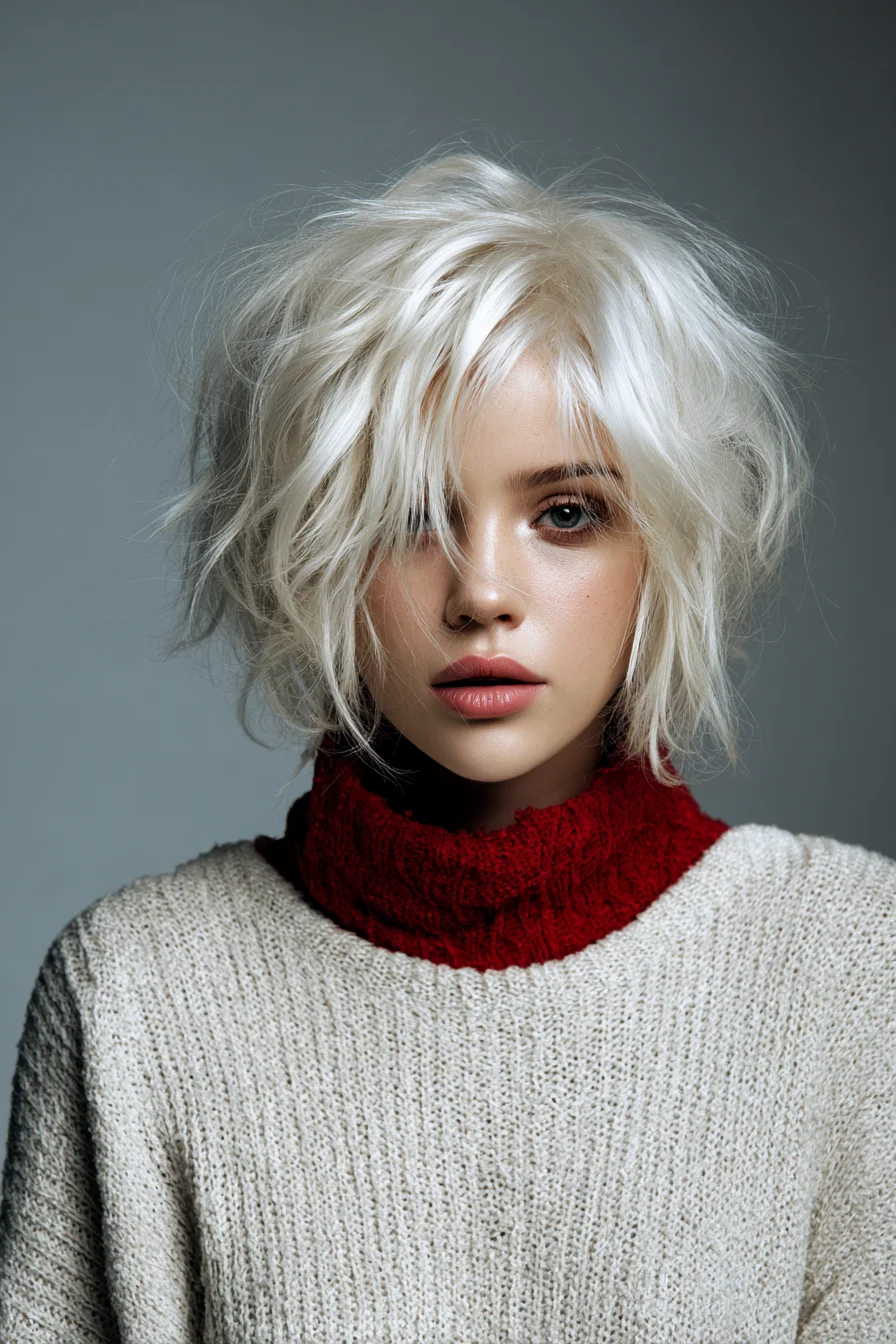 Textured Platinum Shaggy Bob with Choppy Layers and Fringe
