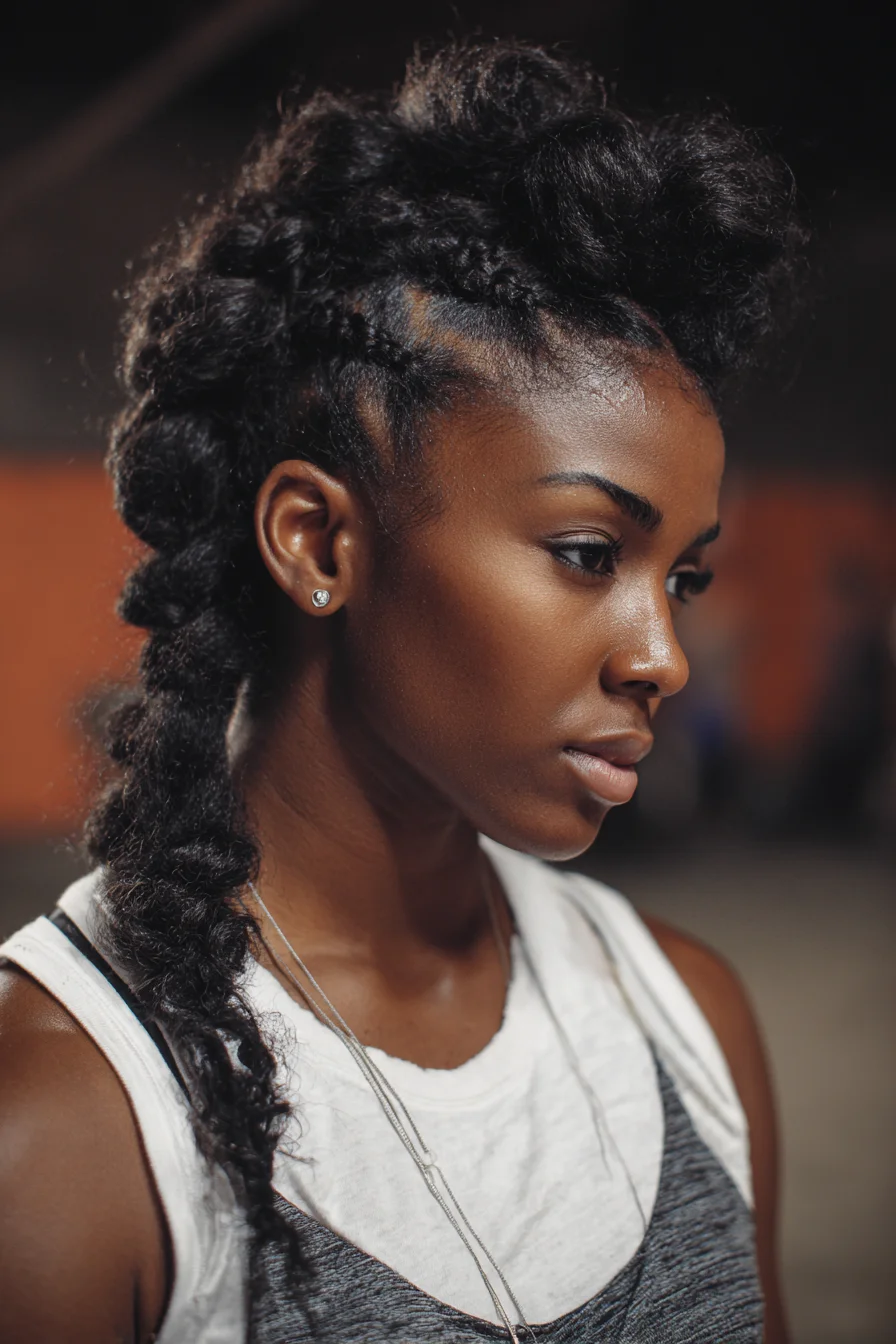 Textured Pompadour Mohawk with Side Cornrows and Chunky Back Braid — Natural Hair
